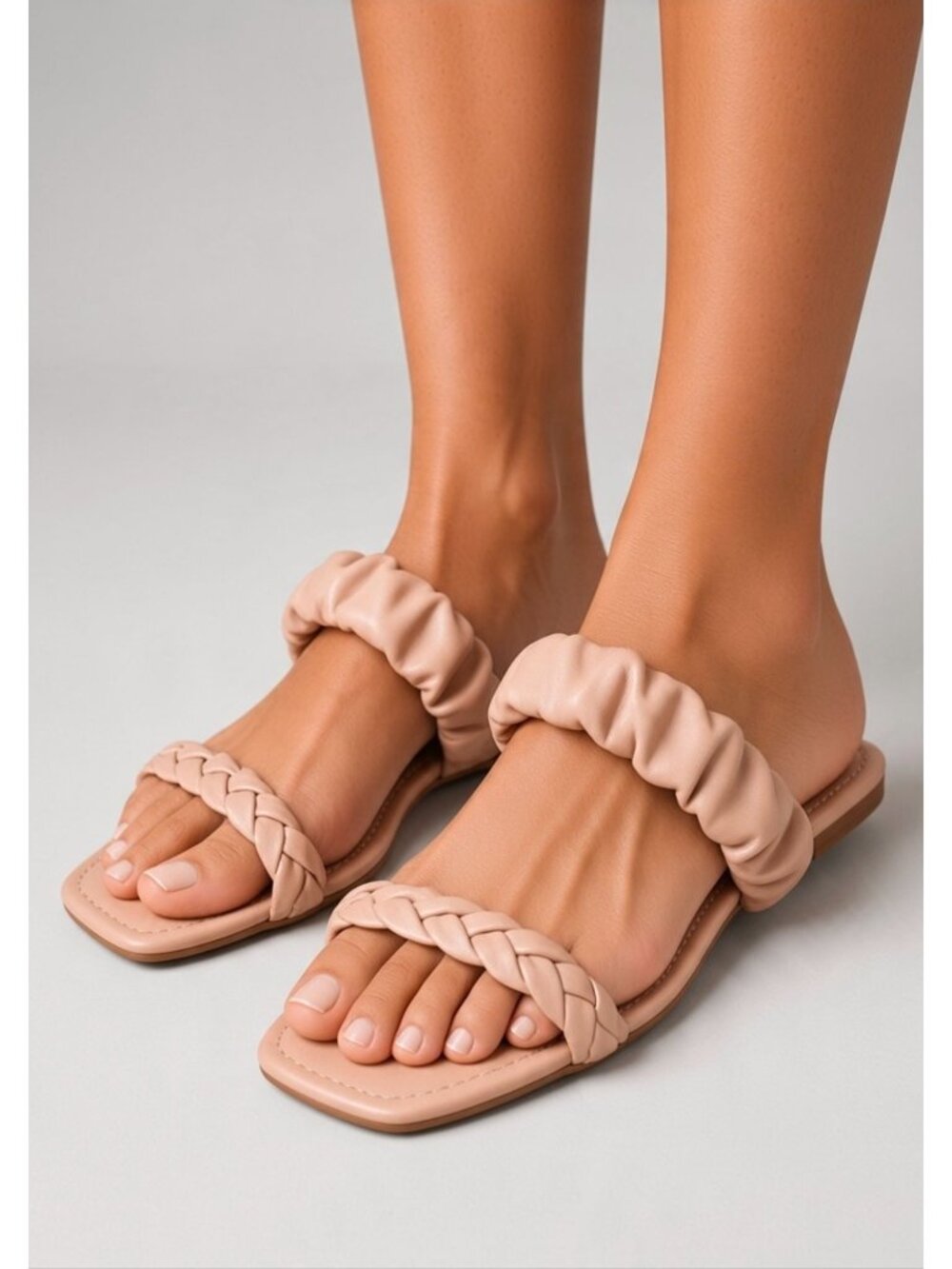 Nude PU Square Toe Sandals With Braided Strap & Padded